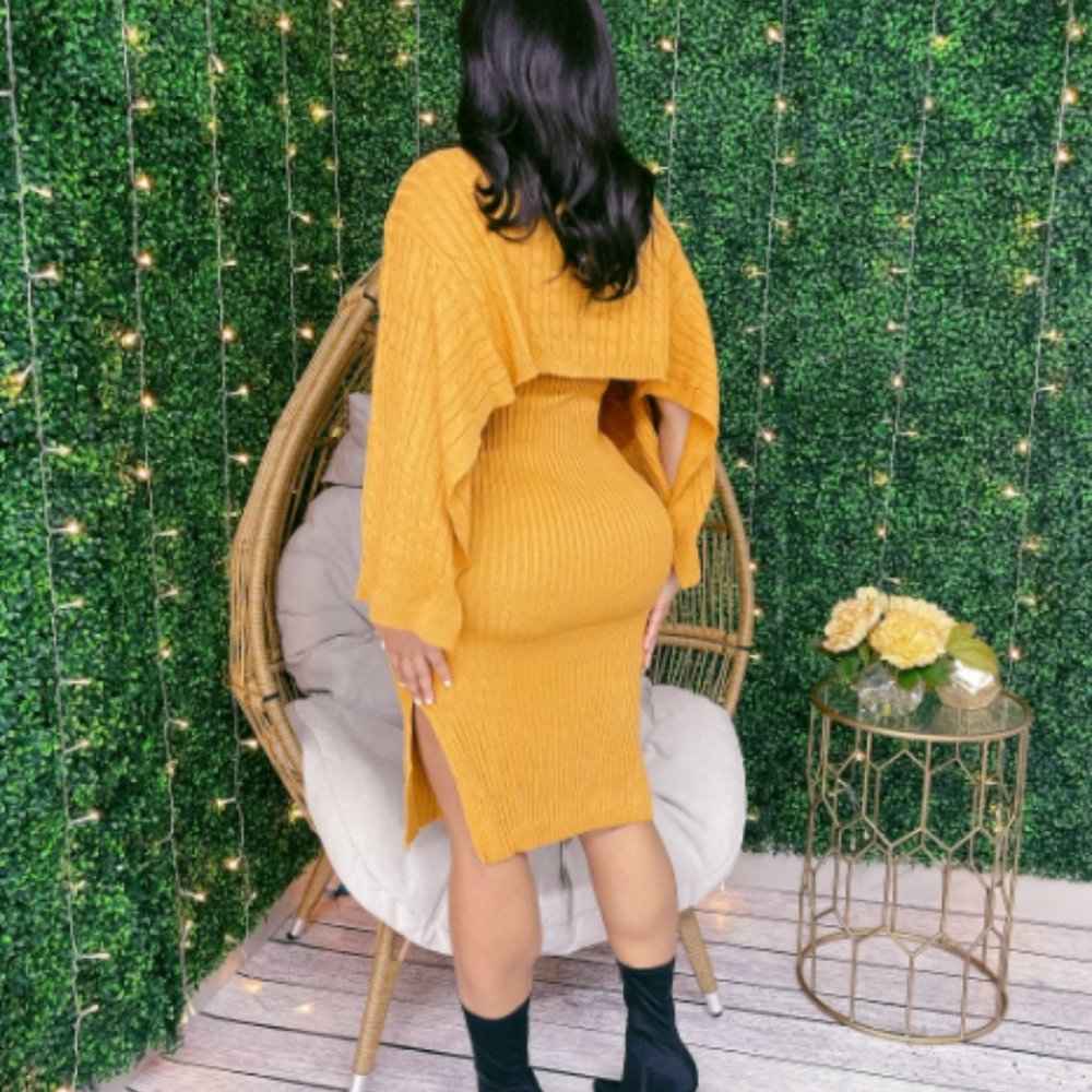 KNIT DRESS & TURTLE NECK TOP - 2-PIECE - MUSTARD